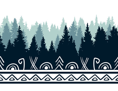 Northern spruce forest in a mist and border of ethnic ornament. Vector illustration.のイラスト素材