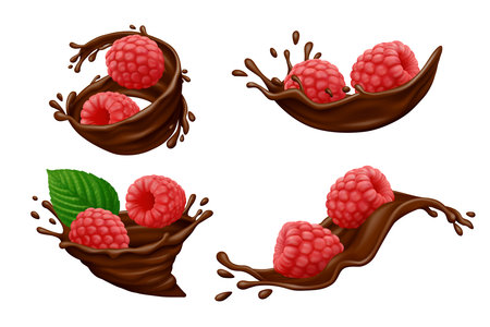 Chocolate splashes with red raspberry fruits and green leaf isolated on white background. Realistic vector illustration.のイラスト素材