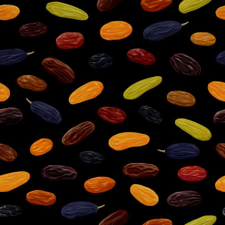 Raisins in various colors and sizes on black background. Vector seamless pattern.のイラスト素材