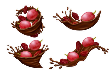 Pink grape berries and red raisins in chocolate splashes with drops isolated on white background. Realistic vector illustration.のイラスト素材