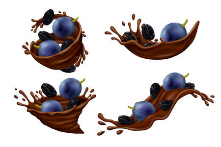 Blue grape berries and black raisins in chocolate splashes with drops isolated on white background. Realistic vector illustration.のイラスト素材