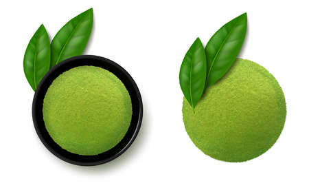 Matcha green tea powder in black bowl with leaves isolated on white background. Flat lay. Realistic vector illustration.のイラスト素材
