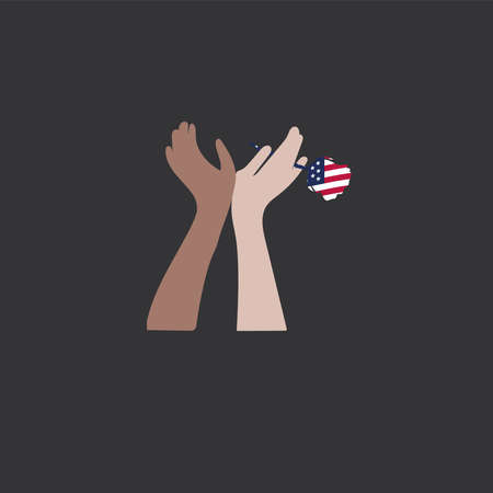 Hands of people of different races touch and hold a rose in the color of the national flag of the United States. Concept of equality, pride in your choiceのイラスト素材