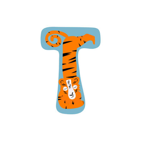Amur tiger sleeps in the pose of the letter T. Cartoon character. Illustration for a children's book, coverのイラスト素材