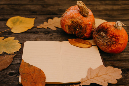 Spoiled rotten pumpkins, maple and oak leaves on a wooden background. Bad holiday concept.