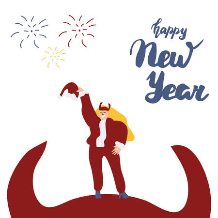 Funny girl with yellow hair in a Santa Claus costume took off her hat and put on a hat with bull horns. Happy New year. Tradition, the concept of the celebration. Creative.のイラスト素材