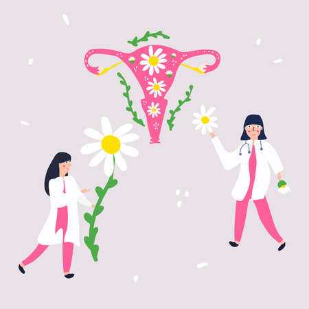 Two female doctors collect daisies for the treatment of the female reproductive system, treatment of candidiasis, irritation.Care, hygiene, women's health concept. Vector banner template.のイラスト素材