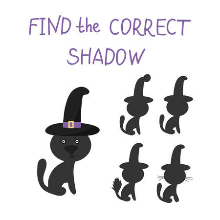 Vector illustration of a shadow matching game with a cat in a hat for Halloween for kids. Education of children. Exercises. Concept Of Halloween.のイラスト素材