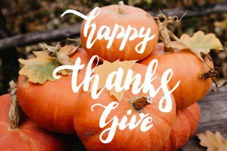 Happy Halloween, Thanksgiving. Pumpkin fruit with maple leaves on a wooden table, collecting the autumn harvest. Concept of tradition.の写真素材