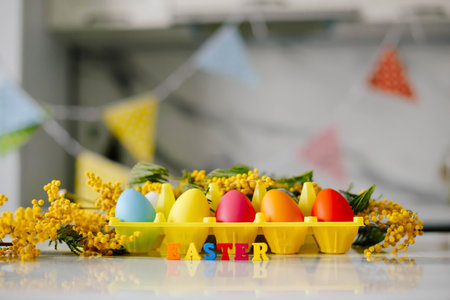 Letters Easter Background Colored Eggs. Postcard. Family Tradition Conceptの写真素材