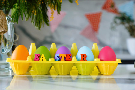 Letters Easter Background Colored Eggs. Postcard. Family Tradition Concept. Selective focusの写真素材