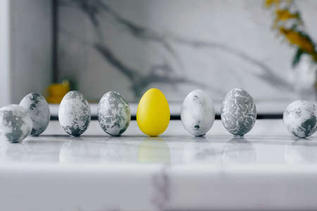 Marble Yellow Easter Eggs Marble Background. Gray. Happy Easterの写真素材