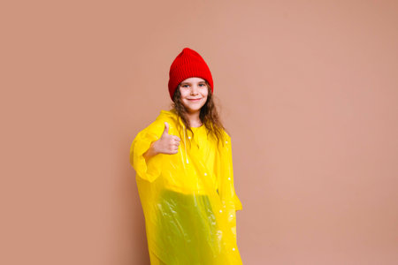 happy girl kid laughing with red hat and yellow rain coat raincoat on colored beige background.の写真素材