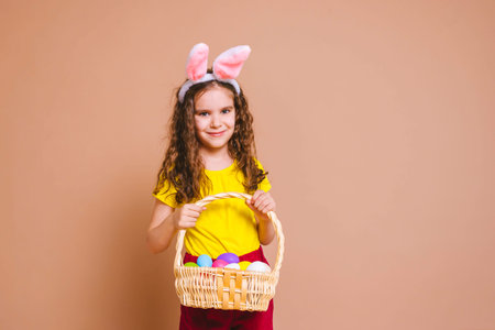 Cute girl child with Easter bunny ears holds a basket of colored eggs. Happy Easter, holidays,...