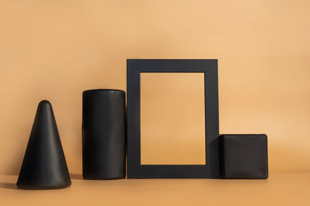 Empty black coasters podium, frame on beige background. Blank creative unbranded shopfront. Product...