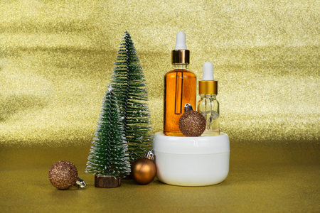 Care cosmetics for womens holidays. Copy space with night, day cream cosmetic oil, eye cream on...