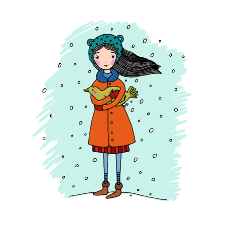 Beautiful young girl and bird. Hand drawing isolated objects on white background. Vector illustration.のイラスト素材