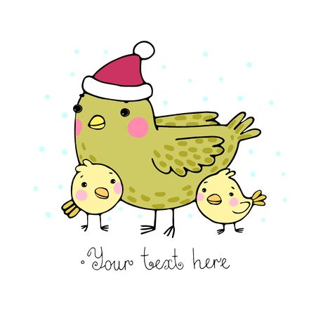 Cute cartoon Bird with chicks in the hat. Hand drawn vector illustration.のイラスト素材