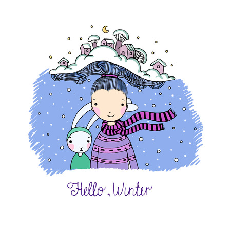 A young beautiful girl with interesting hat and her friend hare. Winter Village. Hand drawn vector illustration.のイラスト素材