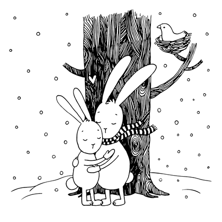 Cute cartoon hares. Winter. Hand drawing isolated objects on white background. Vector illustration.のイラスト素材