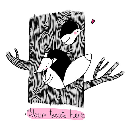 Cute cartoon fox and bird on the tree. Hand drawn vector illustration on a white background.のイラスト素材