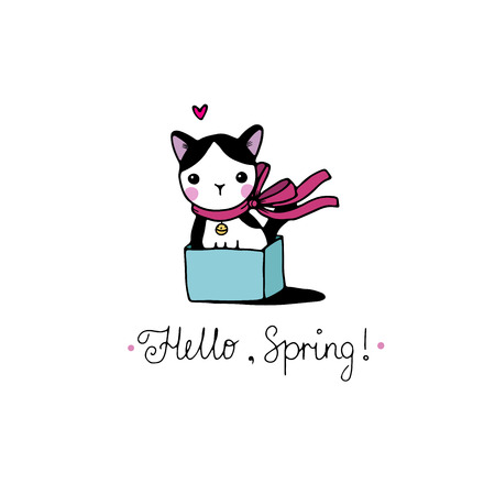 Cute little spotted cat in the box. Hello, Spring text. Hand drawing isolated objects on white background. Vector illustration.のイラスト素材