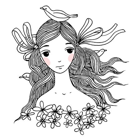 Beautiful young girl with birds. Hand drawing isolated objects on white background. Vector illustration.のイラスト素材