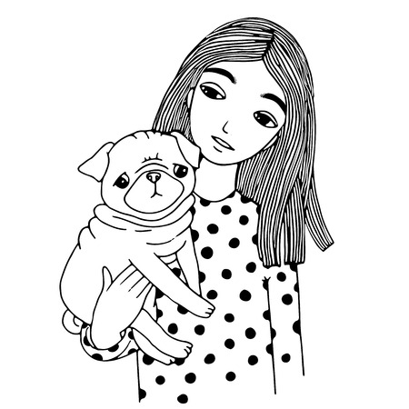Beautiful young girl and a cute pug. Hand drawing isolated objects on white background. Vector illustration.のイラスト素材