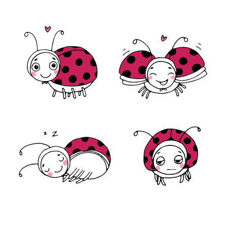 Set of ladybugs. Hand drawing isolated objects on white background. Vector illustration.のイラスト素材