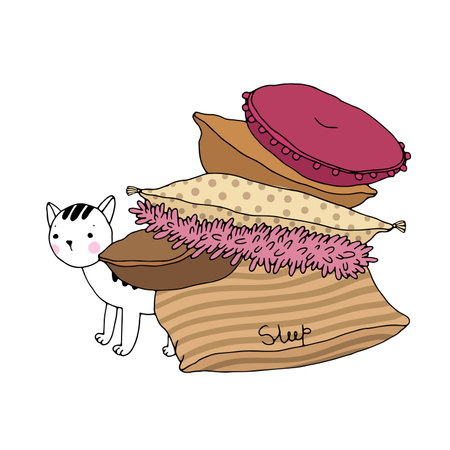 Beautiful pillows and cat on a white background. Cushions. Hand drawing isolated objects on white background. Vector illustration.のイラスト素材