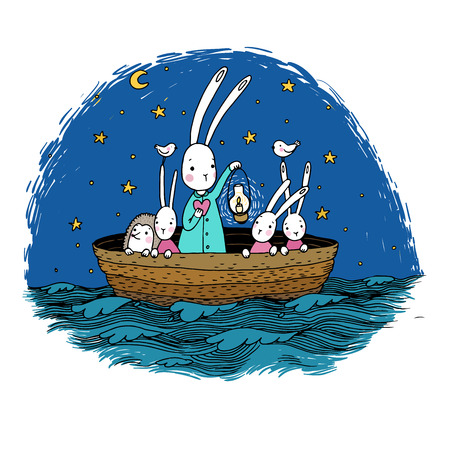 Cute little hares and hedgehog floating in a boat on the river. Night sky. Lantern, the heart and birds. Hand drawing isolated objects on white background. Vector illustration.のイラスト素材