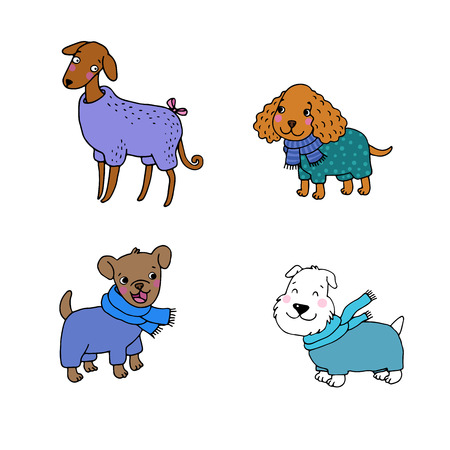 Cute cartoon dogs in winter clothes. Italian Greyhound, Cocker Spaniel, Terrier. Hand drawing isolated objects on white background. Vector illustration.のイラスト素材