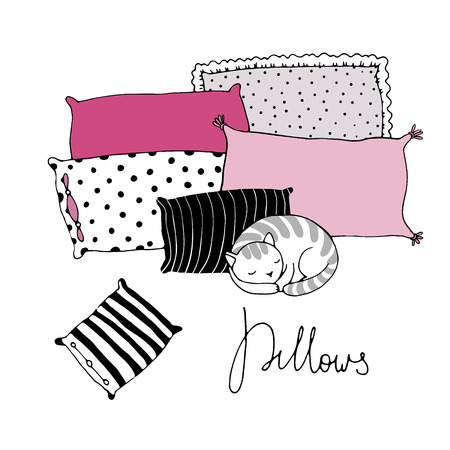 Beautiful pillows and cute cat on a white background. Hand drawn vector.のイラスト素材