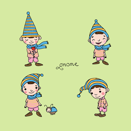 A set of cute little gnomes. Hand drawing isolated objects on white background. Vector illustration.のイラスト素材