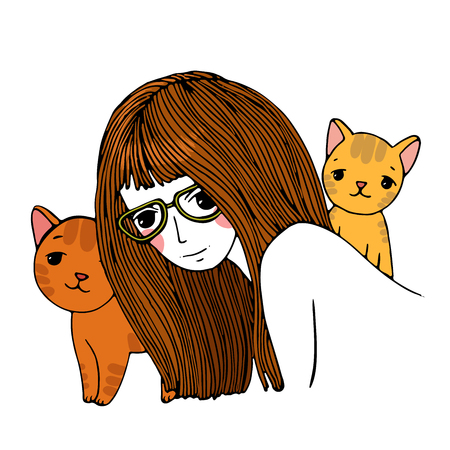 Beautiful young girl and a cute little cats. Hand drawn vector on a white background. Coloring book.のイラスト素材