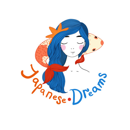 Beautiful young girl sailor and the Japanese carp. Starfish in the hair. Hand drawing isolated objects on white background. Vector illustration.のイラスト素材