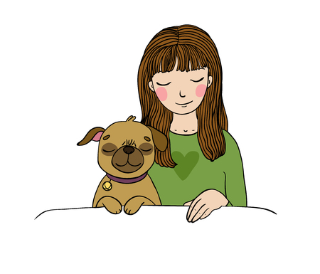 Beautiful young girl and a cute pug.Pets. Hand drawing isolated objects on white background. Vector illustration.のイラスト素材