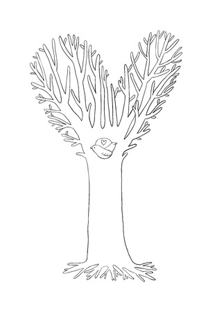 Magic Tree. Two little birds in the hollow. Hand drawing isolated objects on white background. Vector illustration. Magic Tree. Two little birds in the hollow. Hand drawing isolated objects on white background. Vector illustration.