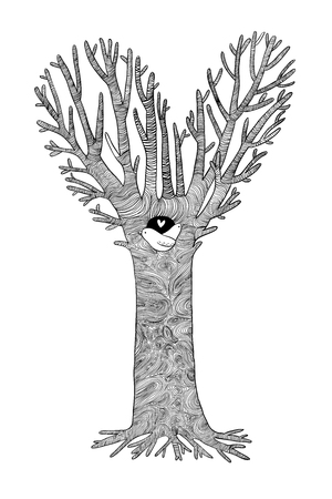 Magic Tree. Two little birds in the hollow. Hand drawing isolated objects on white background. Vector illustration. Magic Tree. Two little birds in the hollow. Hand drawing isolated objects on white background. Vector illustration.