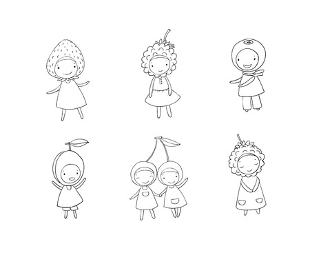 Set of cute cartoon girl berries. Hand drawing isolated objects on white background. Vector illustration.のイラスト素材