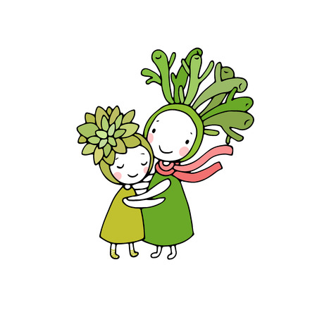 Cute cartoon succulents. Hand drawing isolated objects on white background. Vector illustration.のイラスト素材