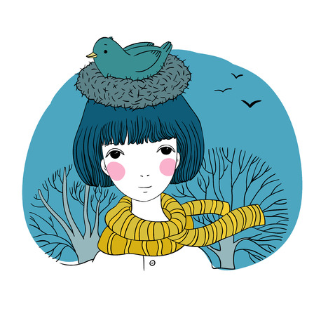 Beautiful young girl and a bird in a nest. Hand drawing isolated objects on white background. Vector illustration. autumn themeのイラスト素材