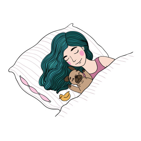 Sleeping beautiful young girl and a cute pug.Pillow and blanket. Pets. Hand drawing isolated objects on white background. Vector illustration.のイラスト素材