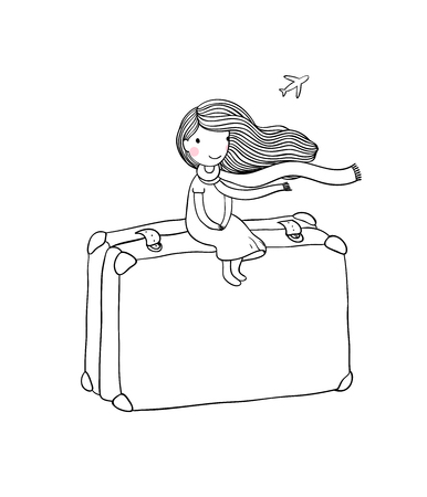 Little girl and big bags. The dog and the plane. Traveler. Hand drawing isolated objects on white background. Vector illustration.のイラスト素材