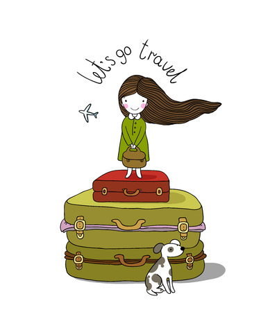Beautiful little girl on the suitcase. Hand drawing isolated objects on white background. Vector illustration. Travel.のイラスト素材