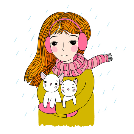 The young beautiful girl with two cute little kittens. The rescued animals. Autumn theme. Hand drawing isolated objects on white background. Vector illustration.のイラスト素材