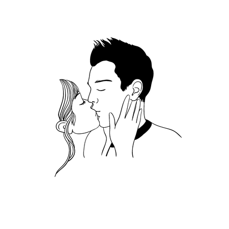 Romantic kiss loving couple. Hand drawing isolated objects on white background. Vector illustration.のイラスト素材
