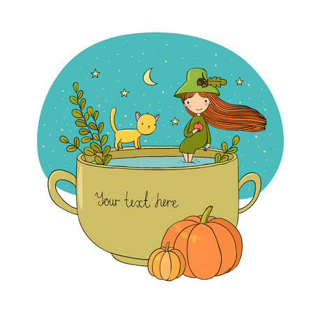Autumn theme. Halloween. Little cute girl and a cartoon cat sitting on the cup. The moon, stars and melon. Hand drawing isolated objects on white background. Vector illustration.のイラスト素材