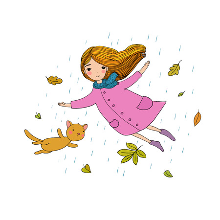 Beautiful little girl and a cute cartoon cat flying with autumn leaves. Hand drawing isolated objects on white background. Vector illustration. Coloring bookのイラスト素材