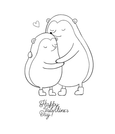 A couple of cute cartoon hedgehogs. Funny animals. Hand drawing isolated objects on white background. Vector illustration. Happy Valentine s Dayのイラスト素材